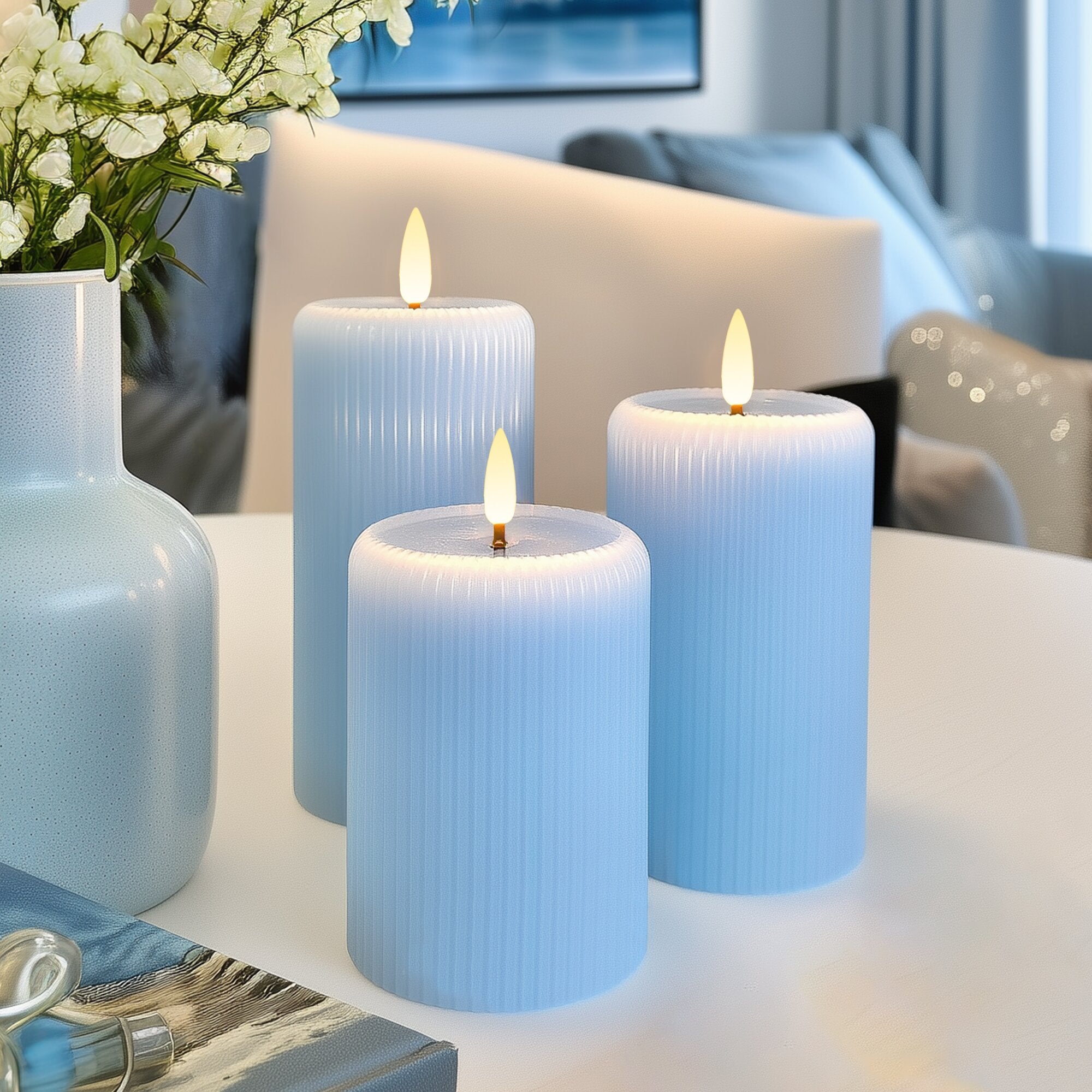 Blue Fluted Flameless Pillar Candles – Set of 3