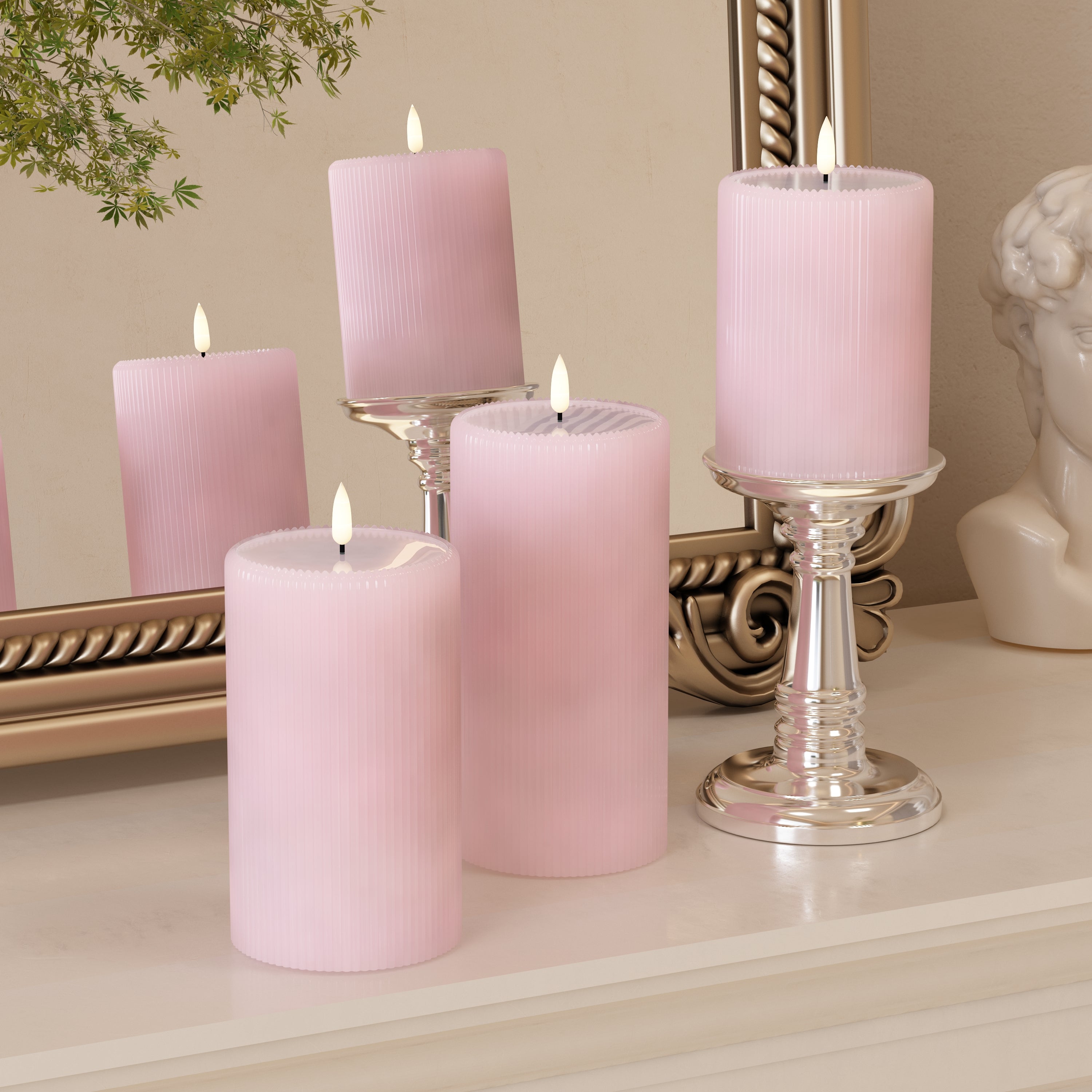 Pink Fluted Pillar Candles – Set of 3