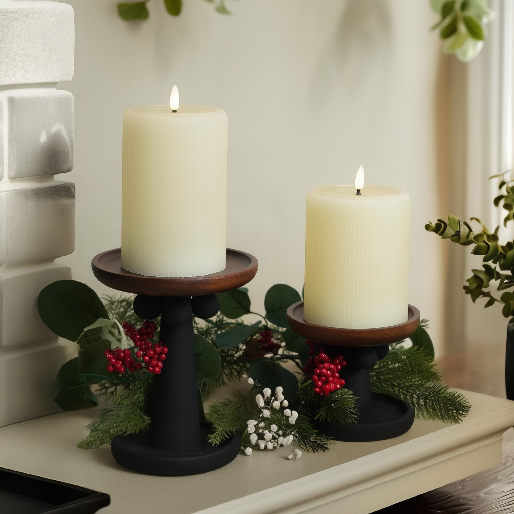 Ivory Fluted Pillars 4" W – Set of 2