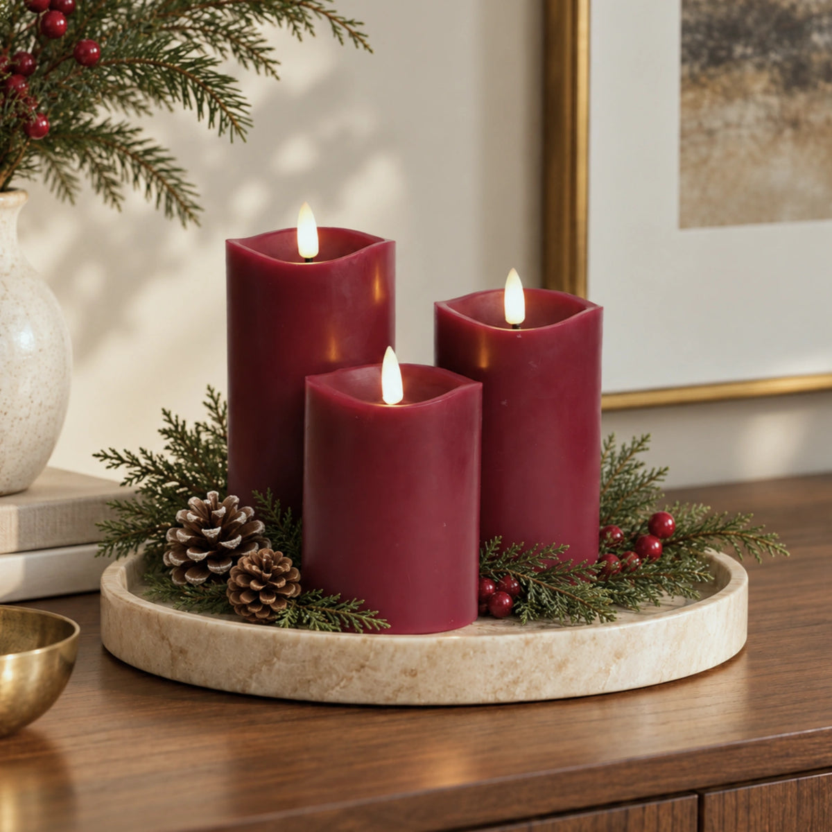 Burgundy Wave Flameless Pillar Candles – Set of 3