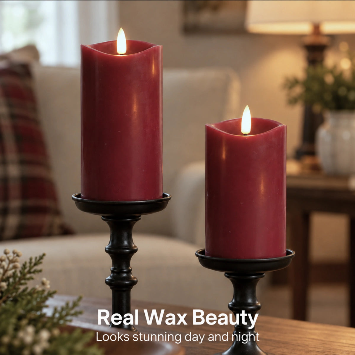 Burgundy Wave Flameless Pillar Candles – Set of 3