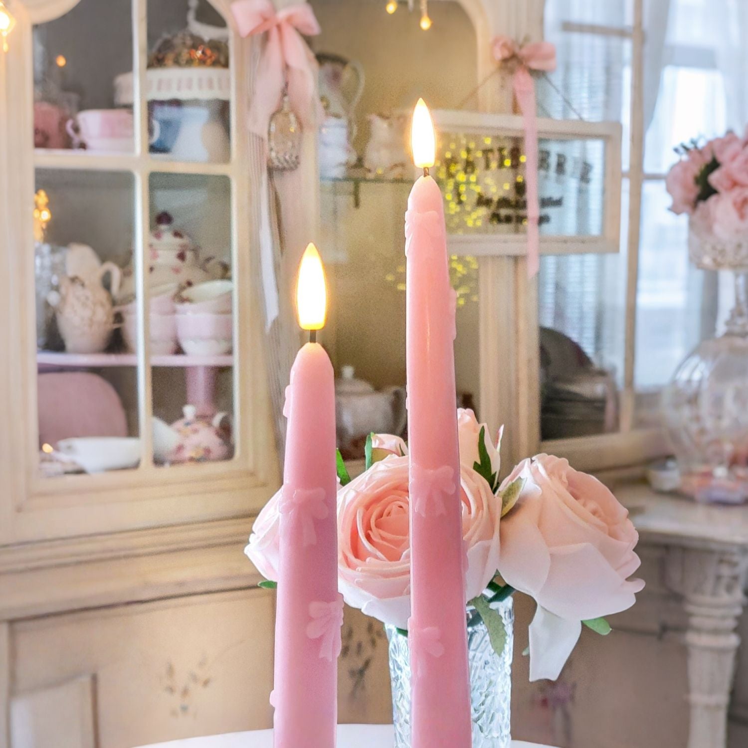 Pink Bow Flameless Taper Candles 9.8"