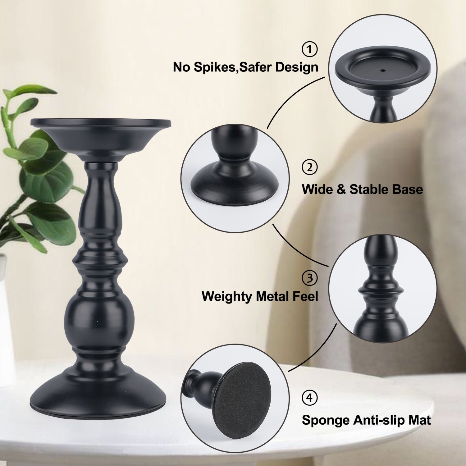 Black candle holder with features highlighted on a neutral background