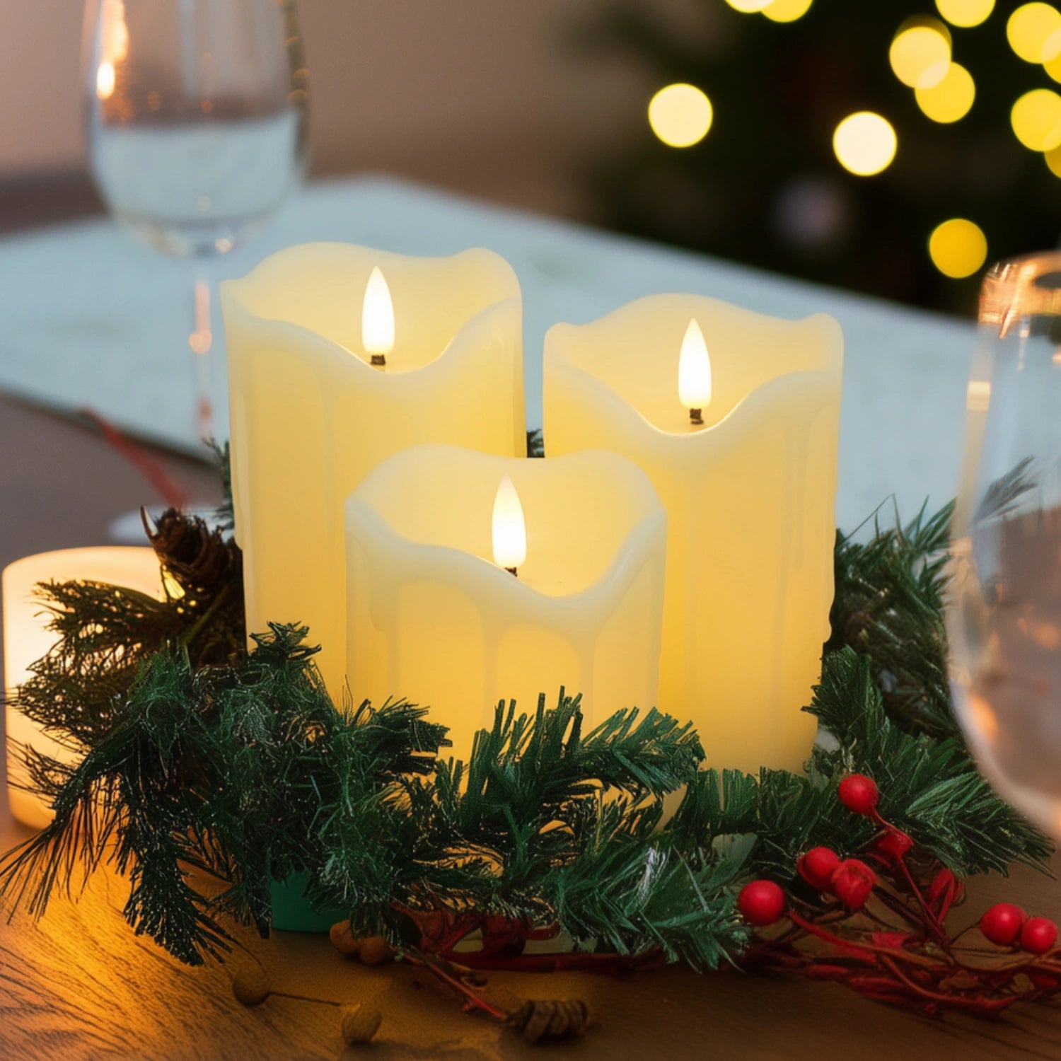 Decorative candles with greenery and berries on a table with blurred lights in the background#color_ivory