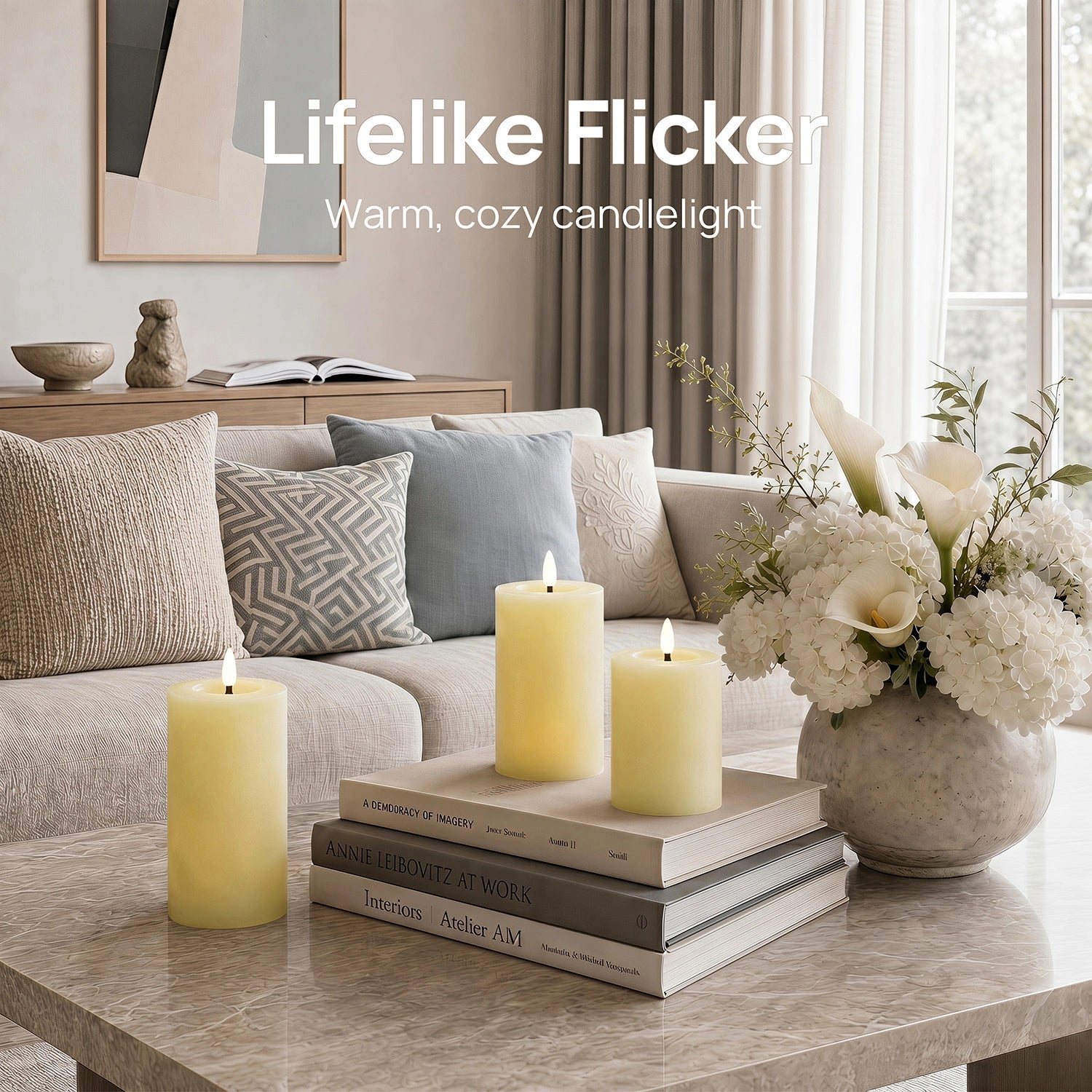 Living room with candles, books, and flowers on a coffee table, featuring 'Lifelike Flicker' text.
