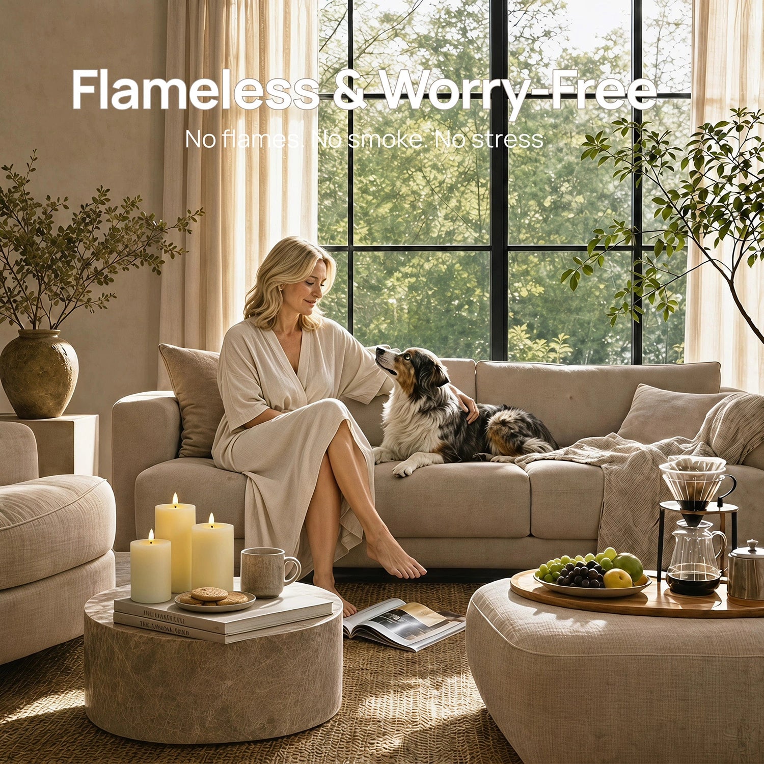 Woman in a robe sitting on a couch with a dog, surrounded by candles and a coffee maker in a cozy living room.
