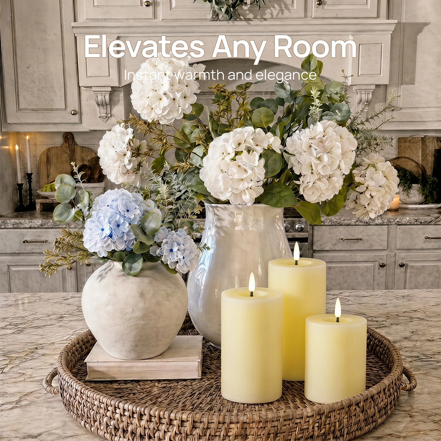 Decorative setup with flowers, candles, and vases on a kitchen counter.
