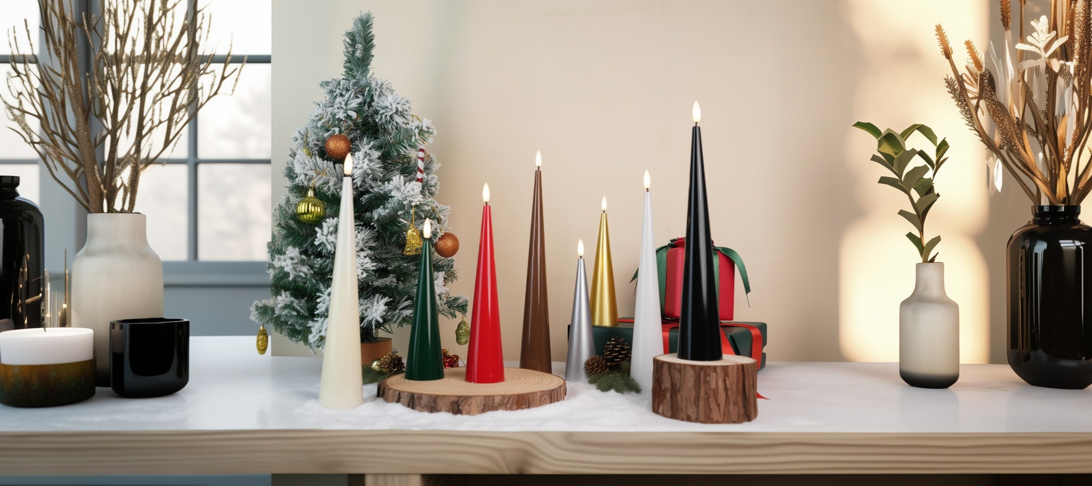 Colorful candles on a wooden stand with decorative items including a small Christmas tree and vases.