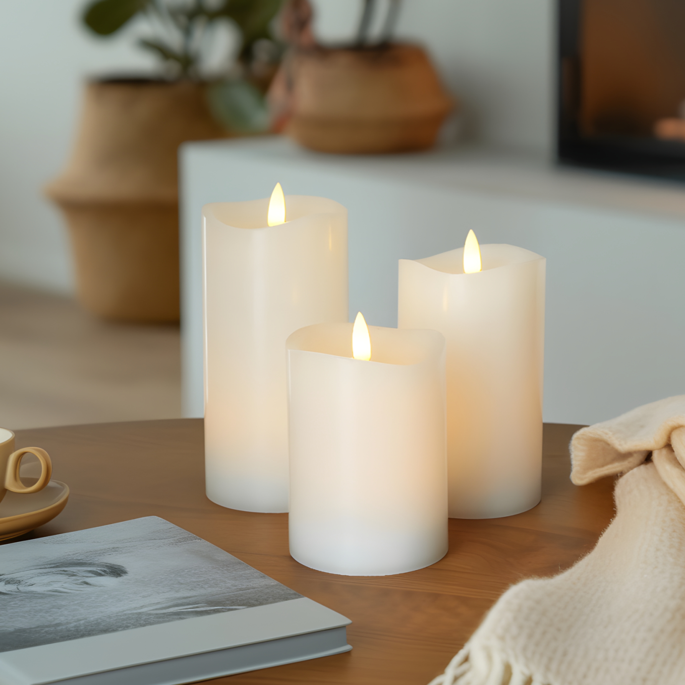 Three lit candles on a table with a book and a cup in a cozy indoor setting.
