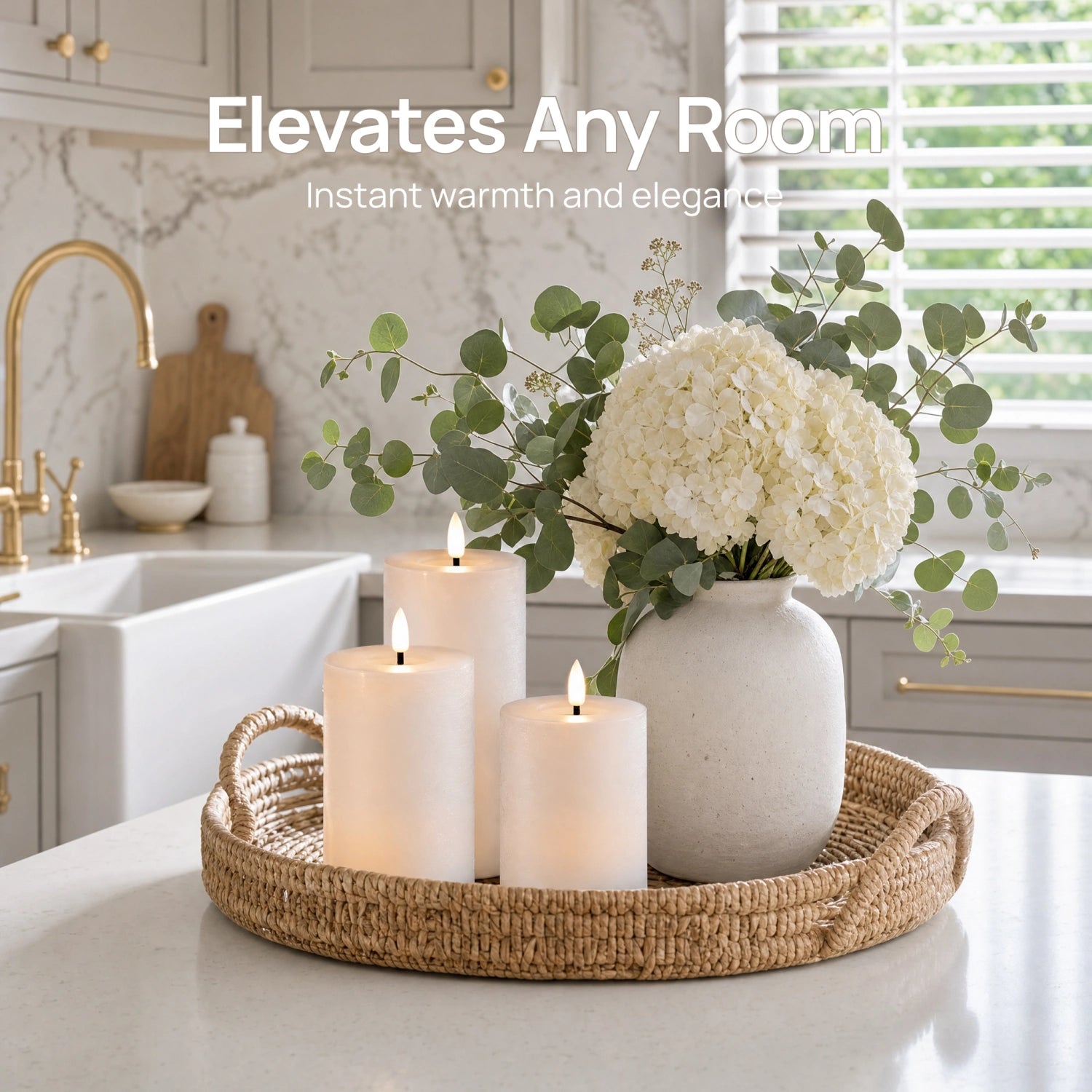 Decorative setting with candles and a vase on a kitchen counter, featuring text 'Elevates Any Room'.