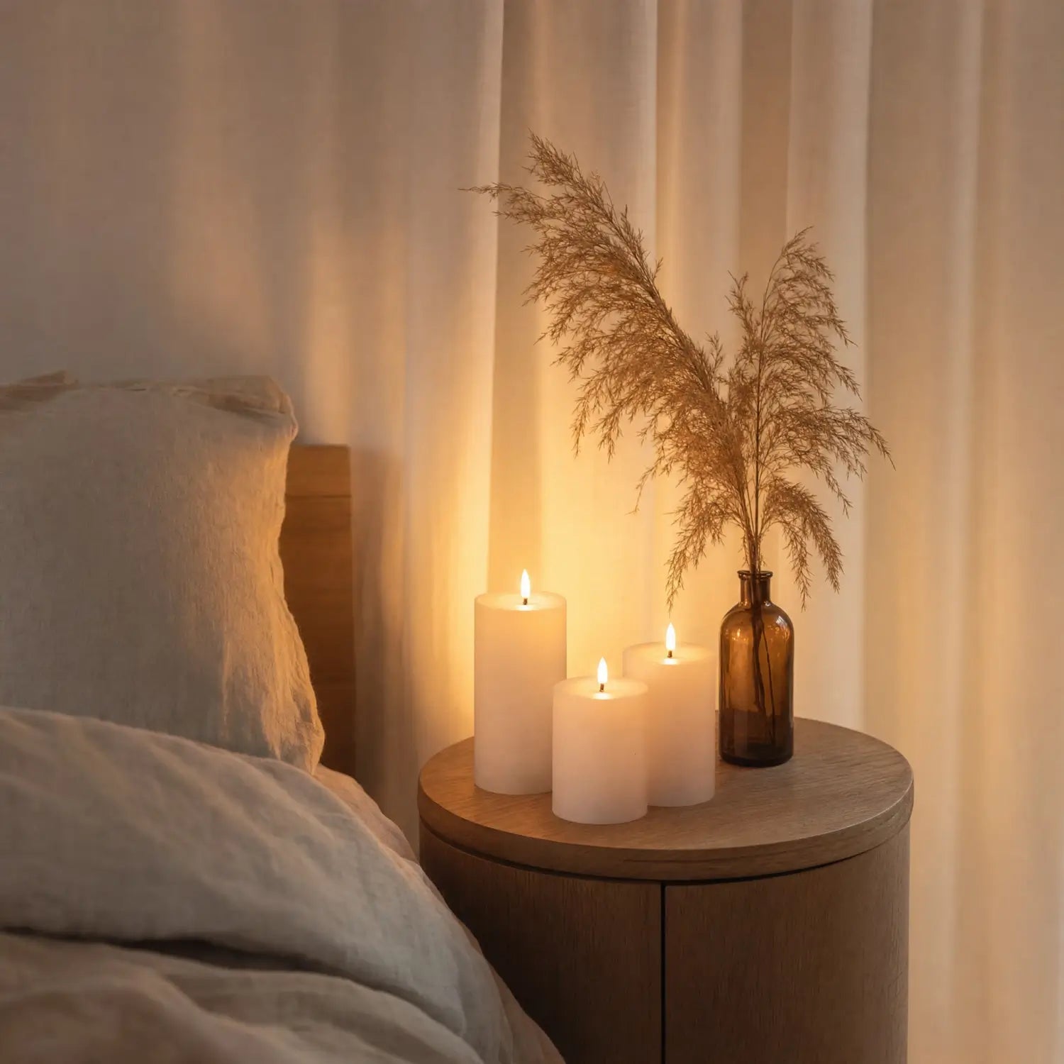 Candlelit bedroom scene with candles and a vase on a wooden nightstand.