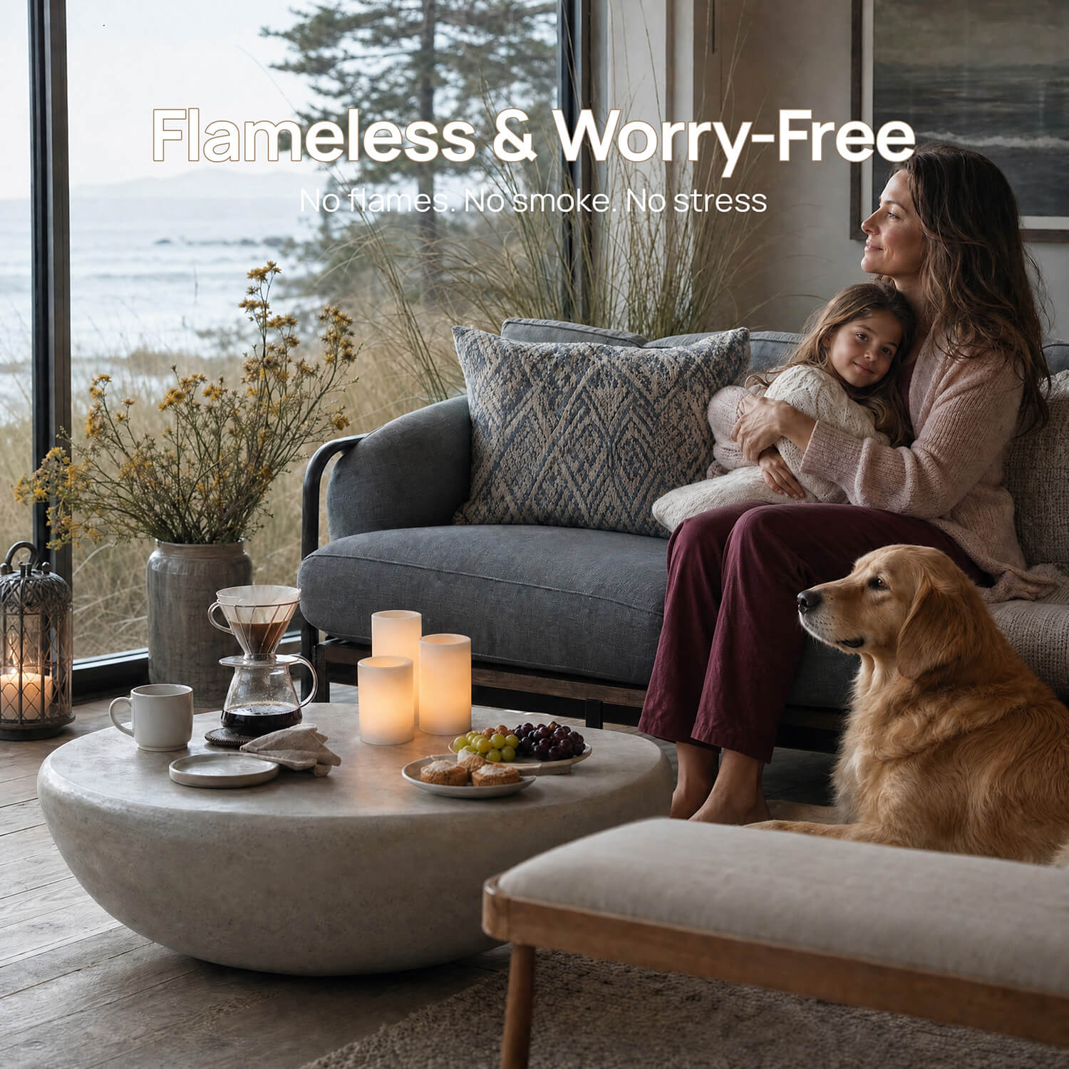 Woman and child sitting on a couch with a dog, surrounded by candles and a coffee maker, with text 'Flameless & Worry-Free' at the top.