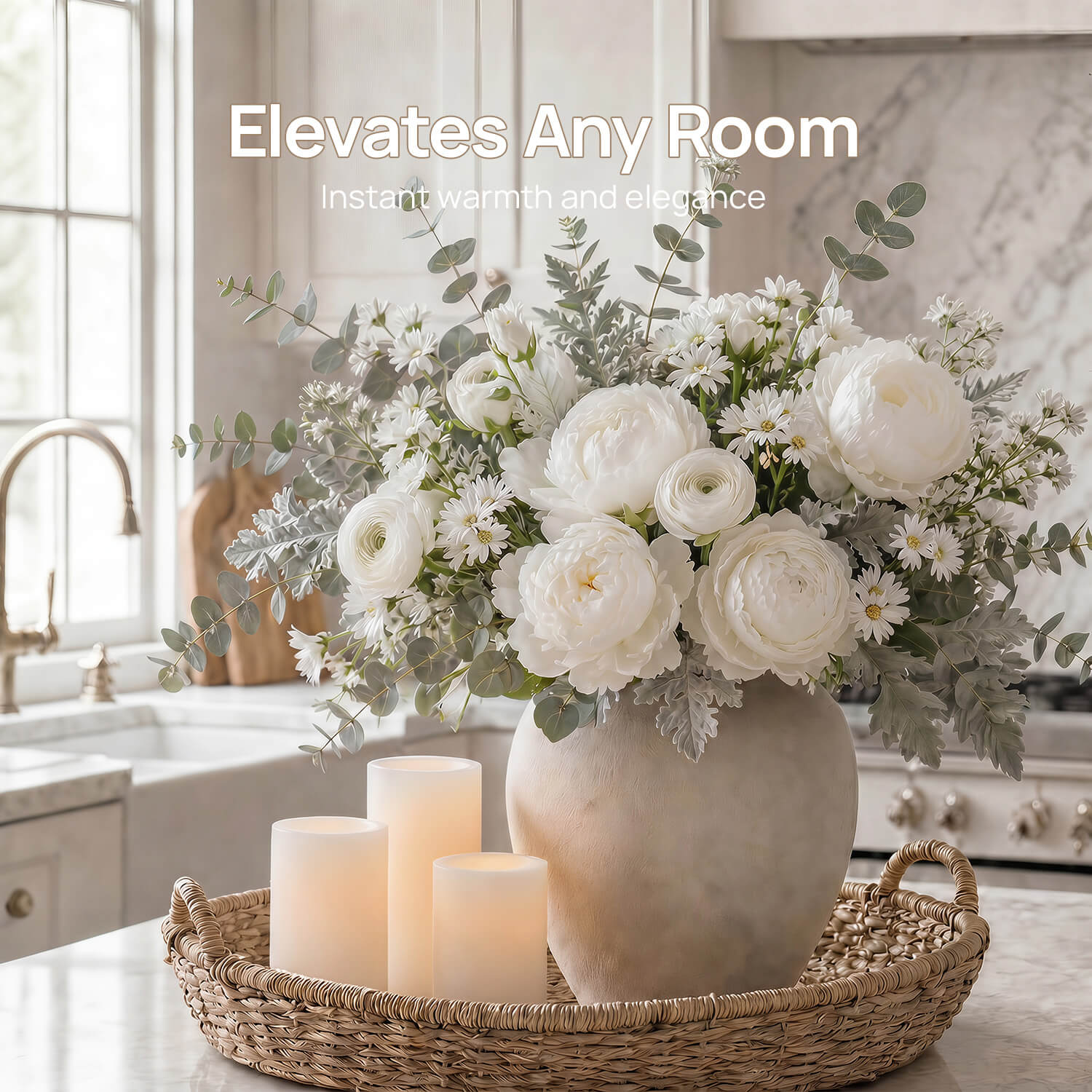 Floral arrangement in a vase with candles on a tray, text 'Elevates Any Room' and 'Instant warmth and elegance'.