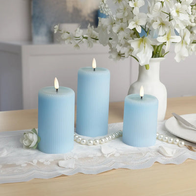 Blue Fluted Flameless Pillar Candles – Set of 3