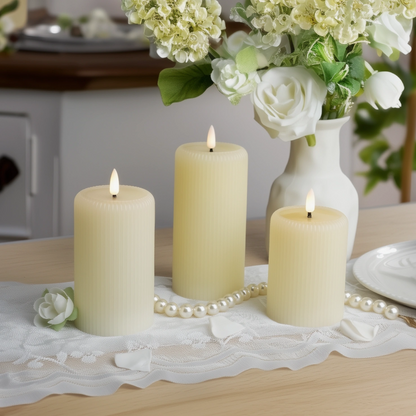 Ivory Fluted Pillar Candles – Set of 3