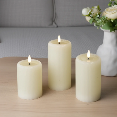Ivory Fluted Pillar Candles – Set of 3