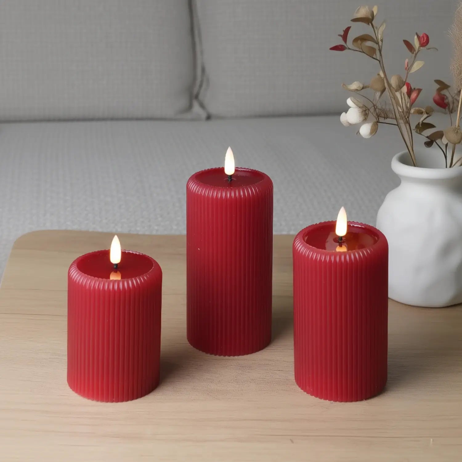 Red Fluted Pillar Candles – Set of 3