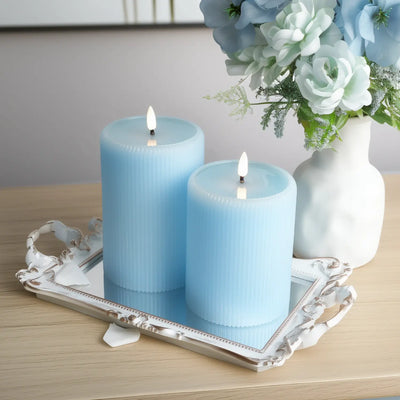 Blue Fluted Flameless Pillars 4" W – Set of 2