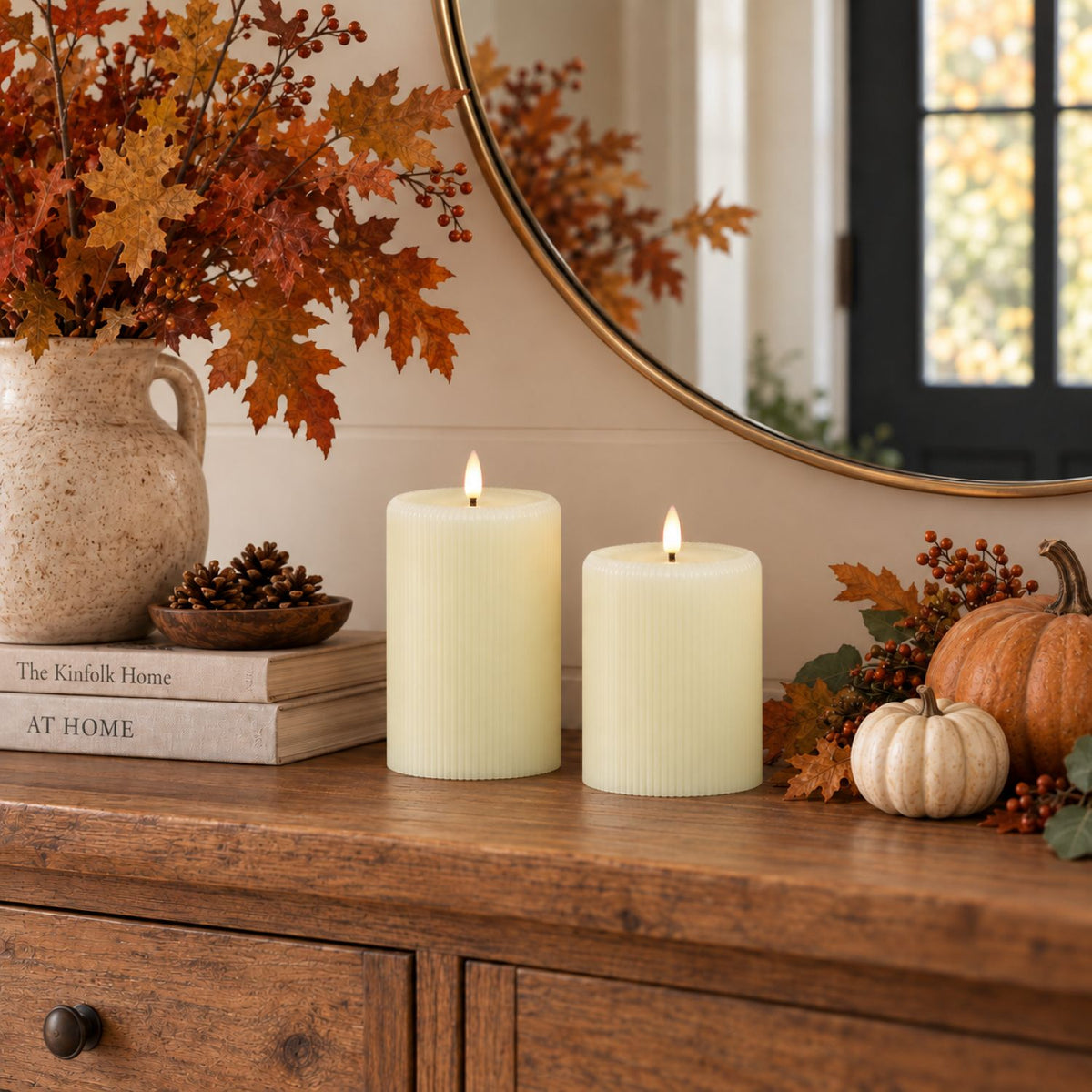 4"W Fluted Flameless Pillars – Set of 2