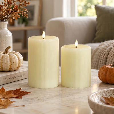 Ivory Fluted Flameless Pillars 4" W – Set of 2