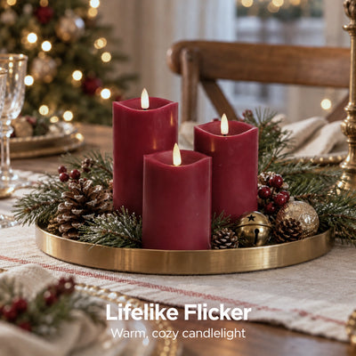 Burgundy Wave Flameless Pillar Candles – Set of 3