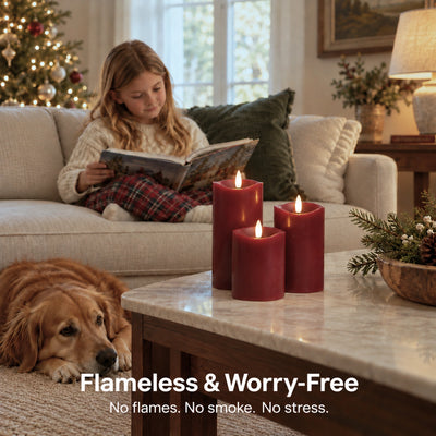 Burgundy Wave Flameless Pillar Candles – Set of 3