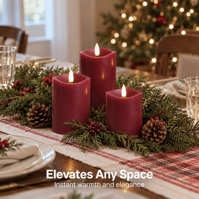 Burgundy Wave Flameless Pillar Candles – Set of 3