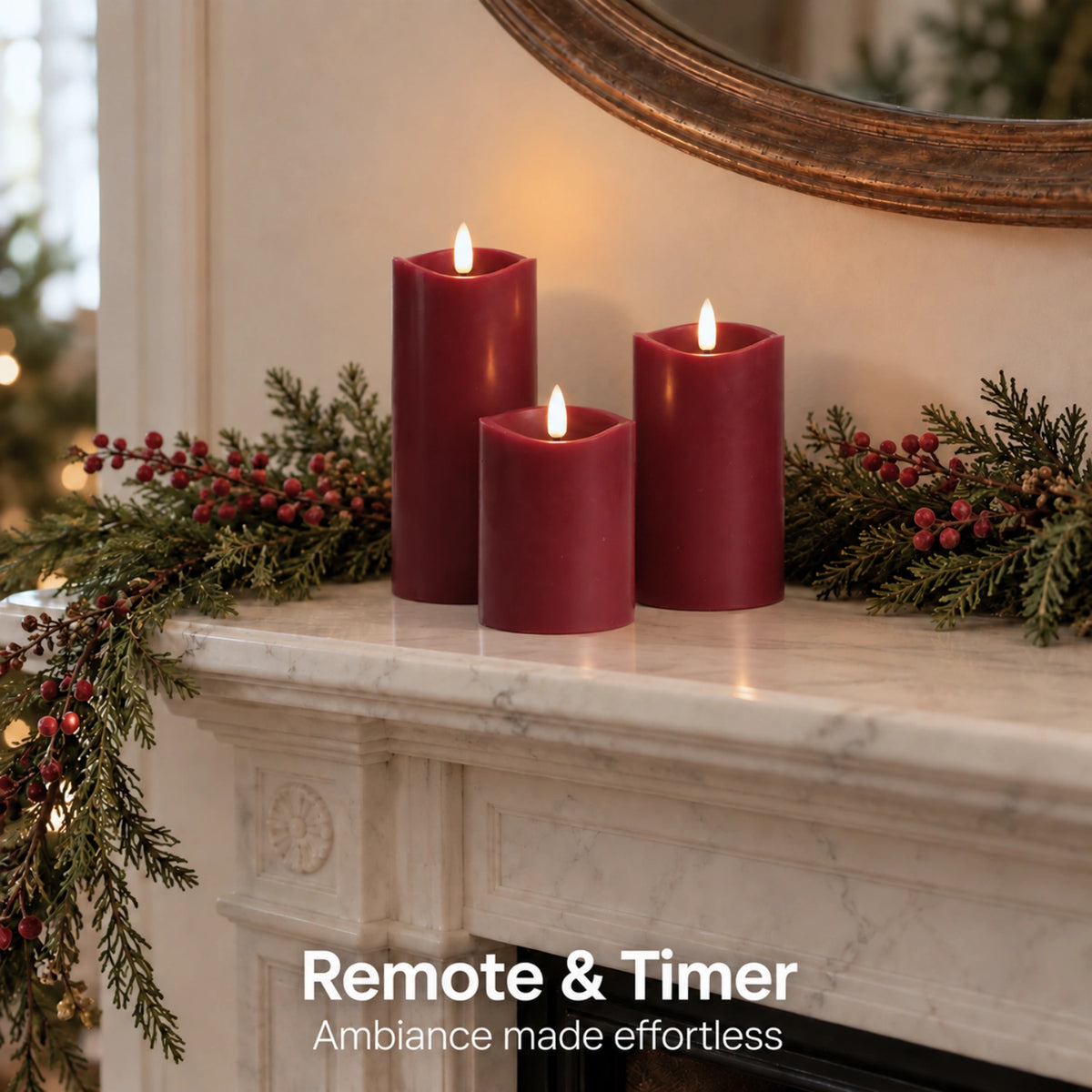Burgundy Wave Flameless Pillar Candles – Set of 3