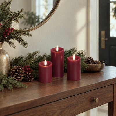 Burgundy Wave Flameless Pillar Candles – Set of 3