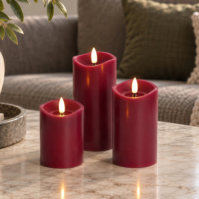Burgundy Wave Flameless Pillar Candles – Set of 3