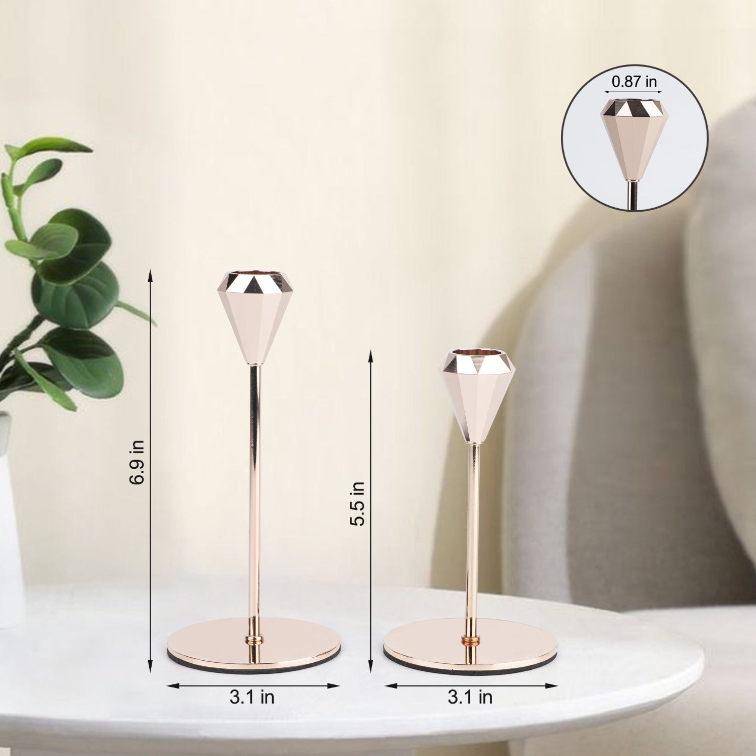 Two decorative stands with measurements on a white surface, plant on the side.
