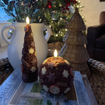 Decorative candles on a wooden base with a Christmas tree in the background