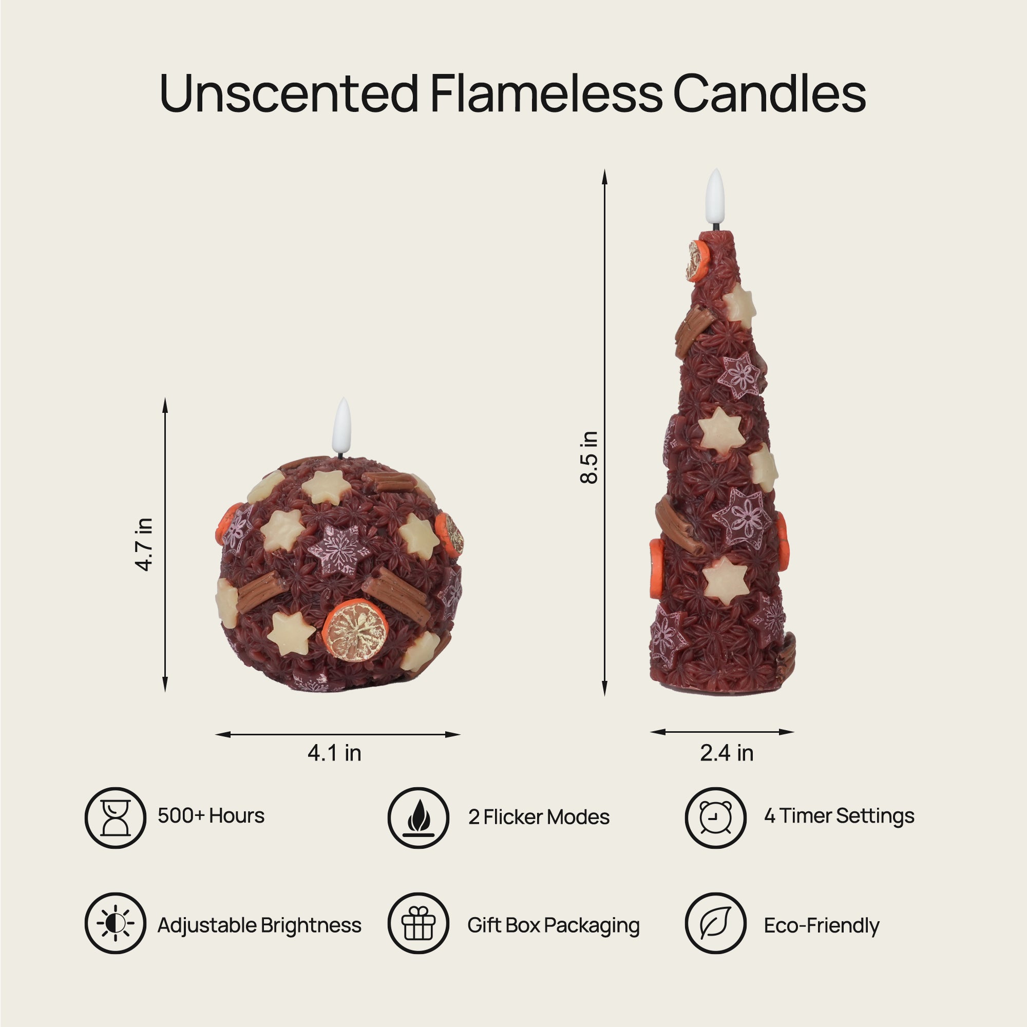 Two unscented flameless candles with dimensions and features listed on a white background.