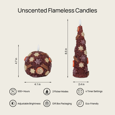 Two unscented flameless candles with dimensions and features listed on a white background.