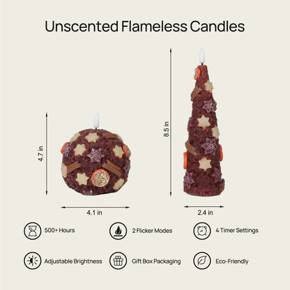 Two unscented flameless candles with dimensions and features listed on a white background.