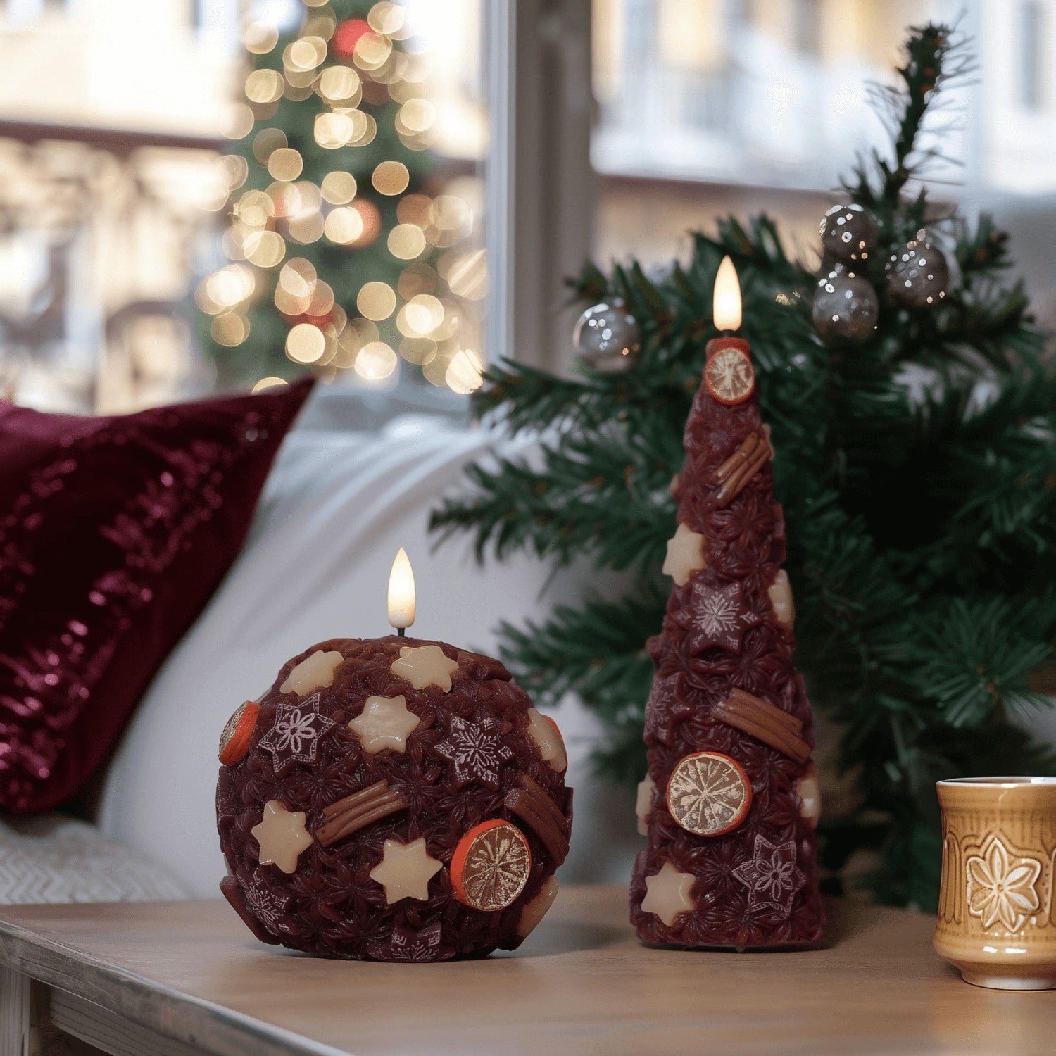 Decorative candles with a Christmas tree and festive lights in the background#color_spice