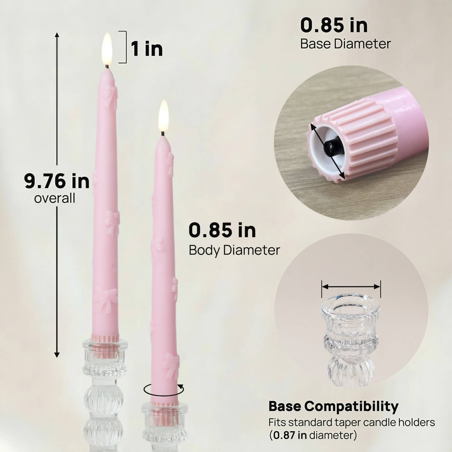 Pink Bow Flameless Taper Candles 9.8"