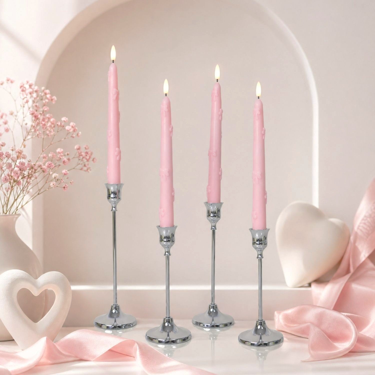 Pink Bow Flameless Taper Candles 9.8"