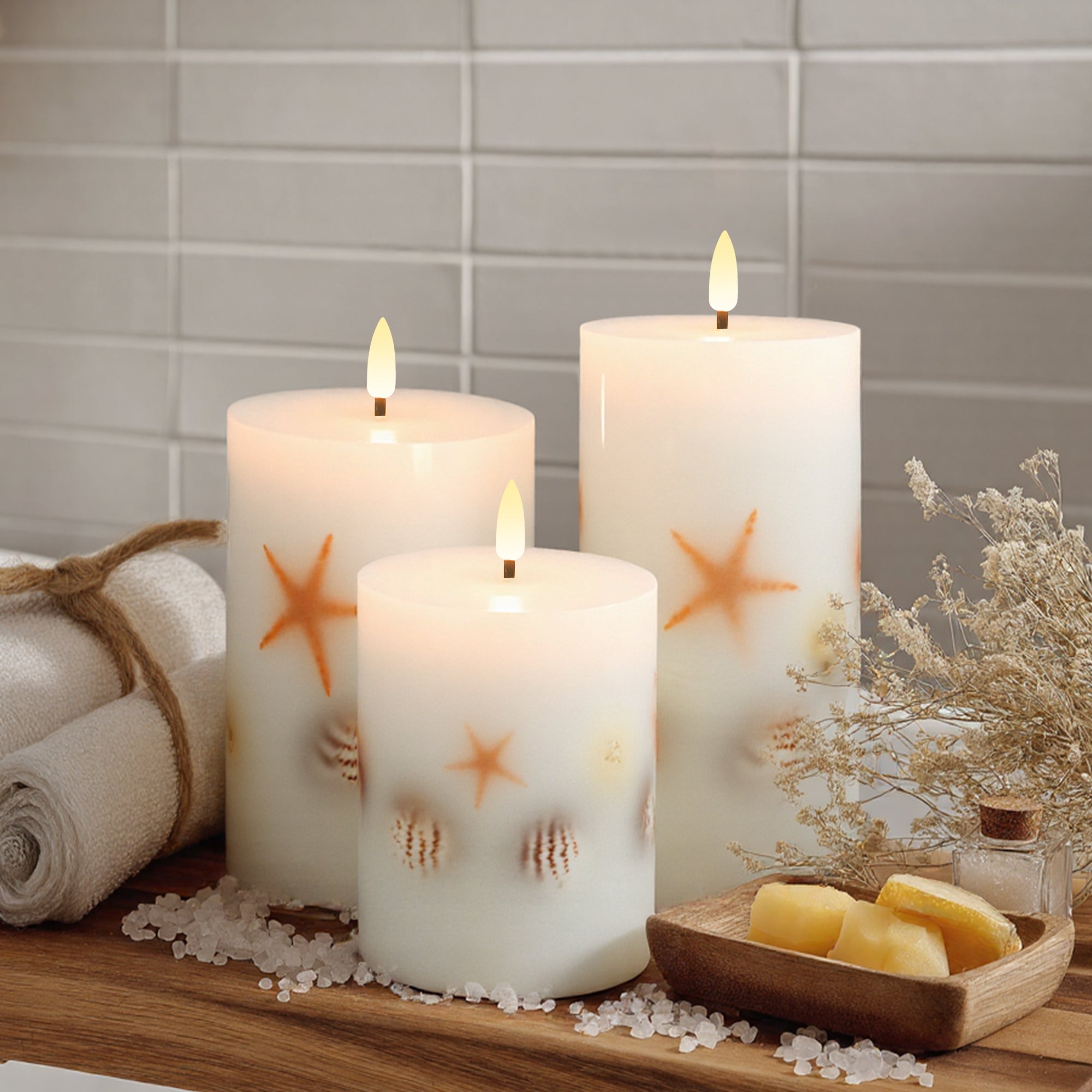 Embedded Shell Candle, Set of 3