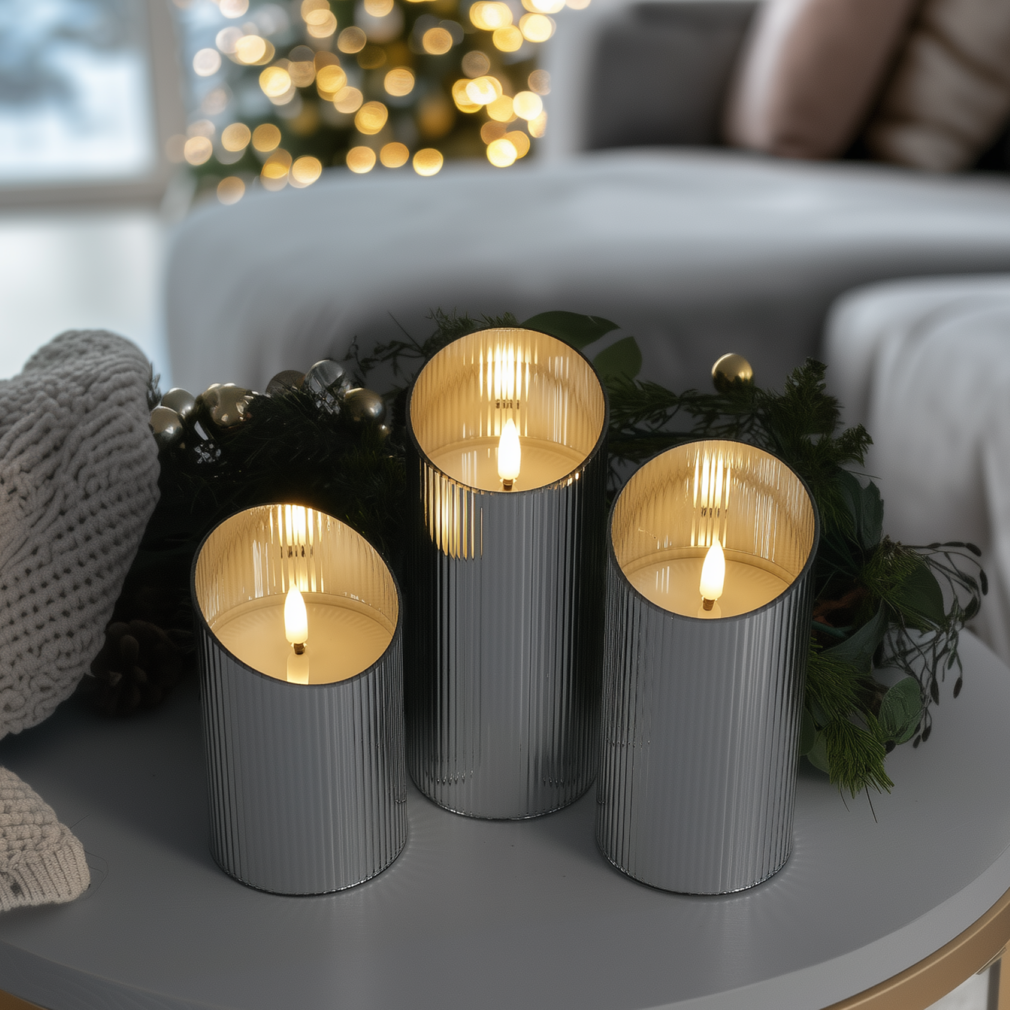 Ribbed Glass Pillar Candles – Set of 3