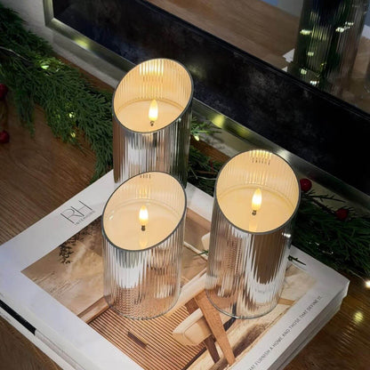 Ribbed Glass Pillar Candles – Set of 3