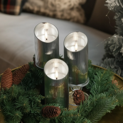 Ribbed Glass Pillar Candles – Set of 3