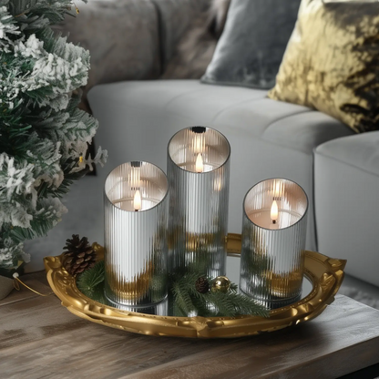 Ribbed Glass Pillar Candles – Set of 3