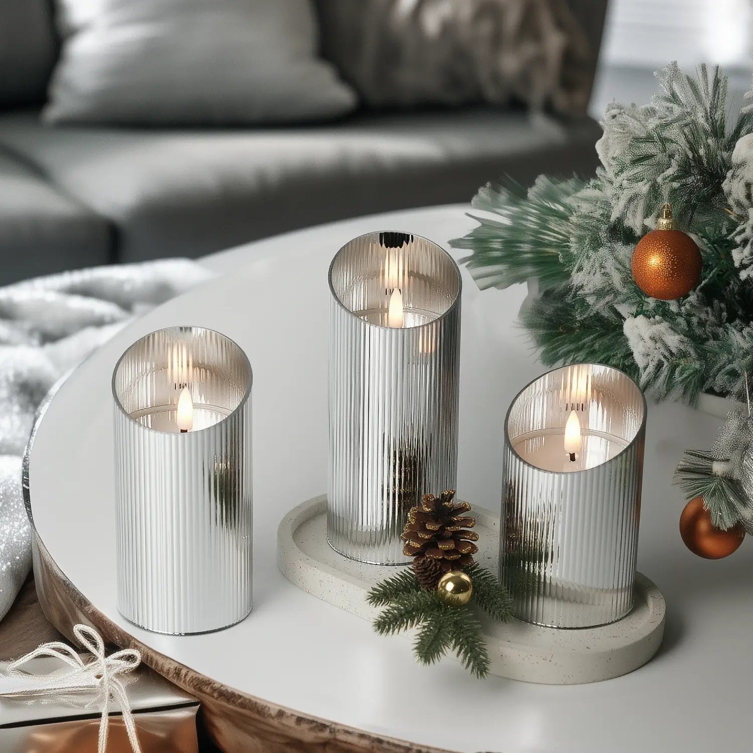 Ribbed Glass Pillar Candles – Set of 3