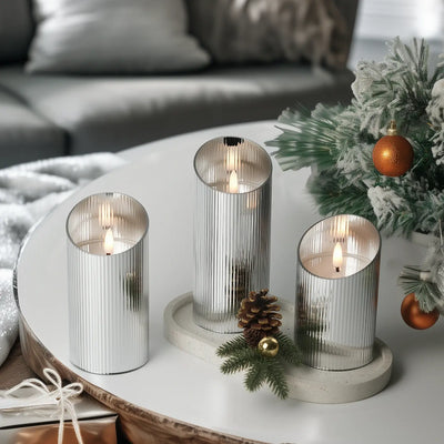 Ribbed Glass Pillar Candles – Set of 3