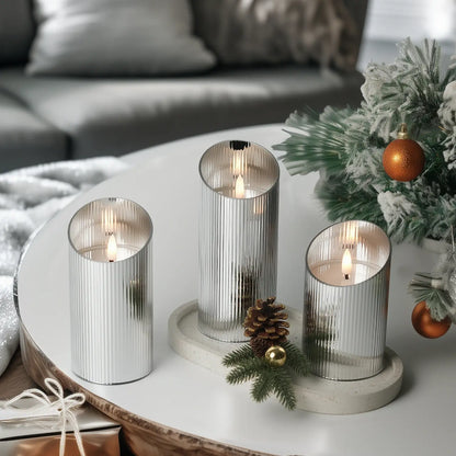 Ribbed Glass Pillar Candles – Set of 3