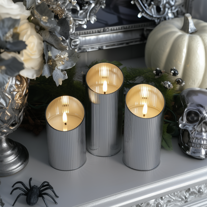 Ribbed Glass Pillar Candles – Set of 3