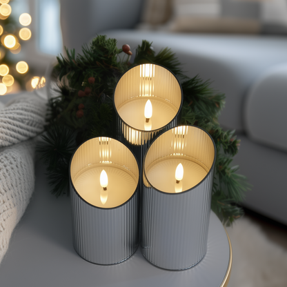 Ribbed Glass Pillar Candles – Set of 3