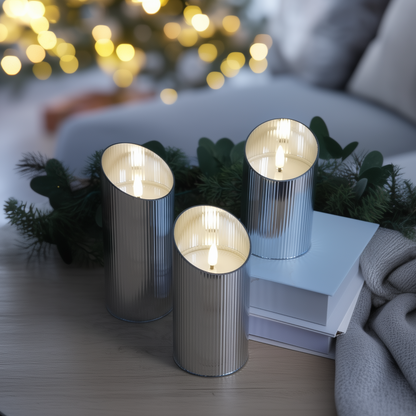 Ribbed Glass Pillar Candles – Set of 3