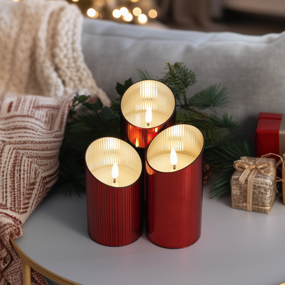 Ribbed Glass Pillar Candles – Set of 3